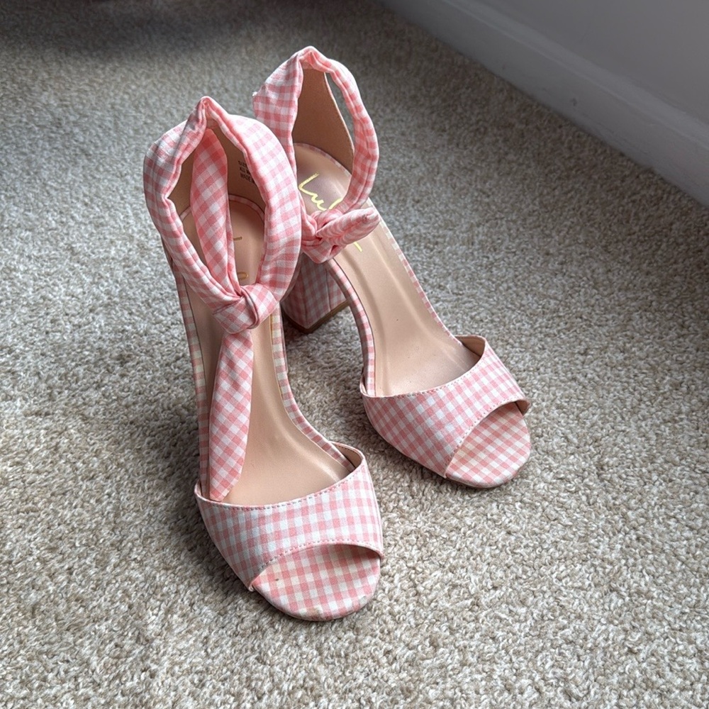 Lulus Pink Gingham Bow-Tie Heels - Size 7
